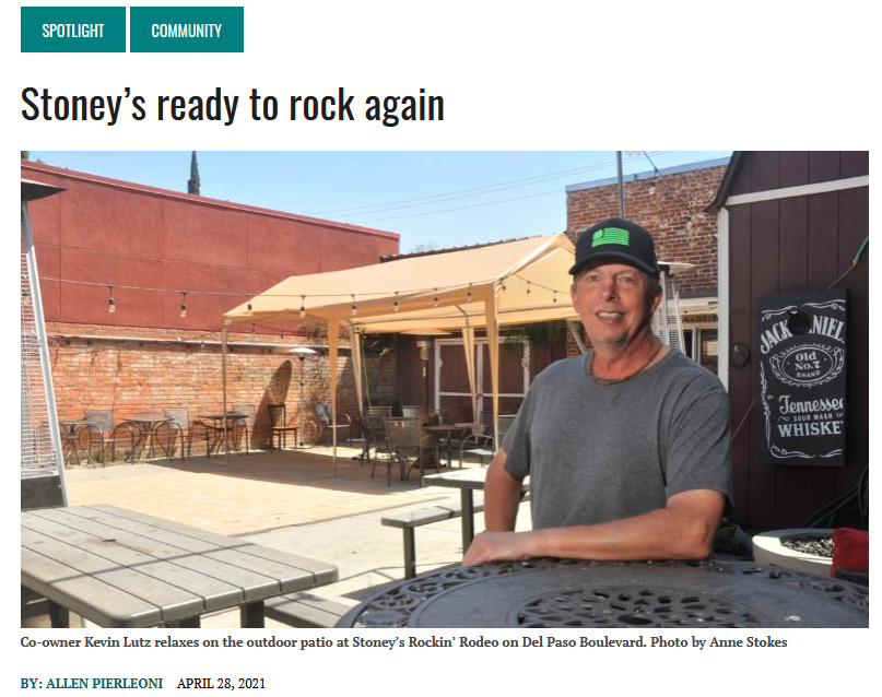 Screenshot of article from Sacramento News & Review. Headline reads, "Stoney's ready to rock again." Includes photo of smiling man in front of bar patio.