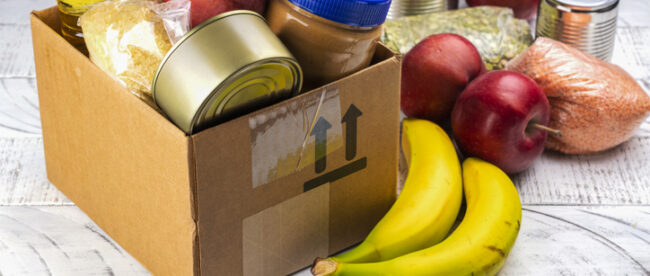 Fruit and non-perishable foods in a box