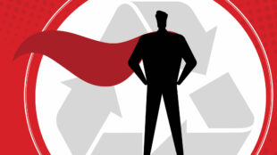 A silhouette of a superhero wearing a cape in front of a recycling symbol.