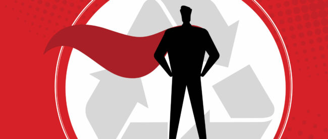 A silhouette of a superhero wearing a cape in front of a recycling symbol.